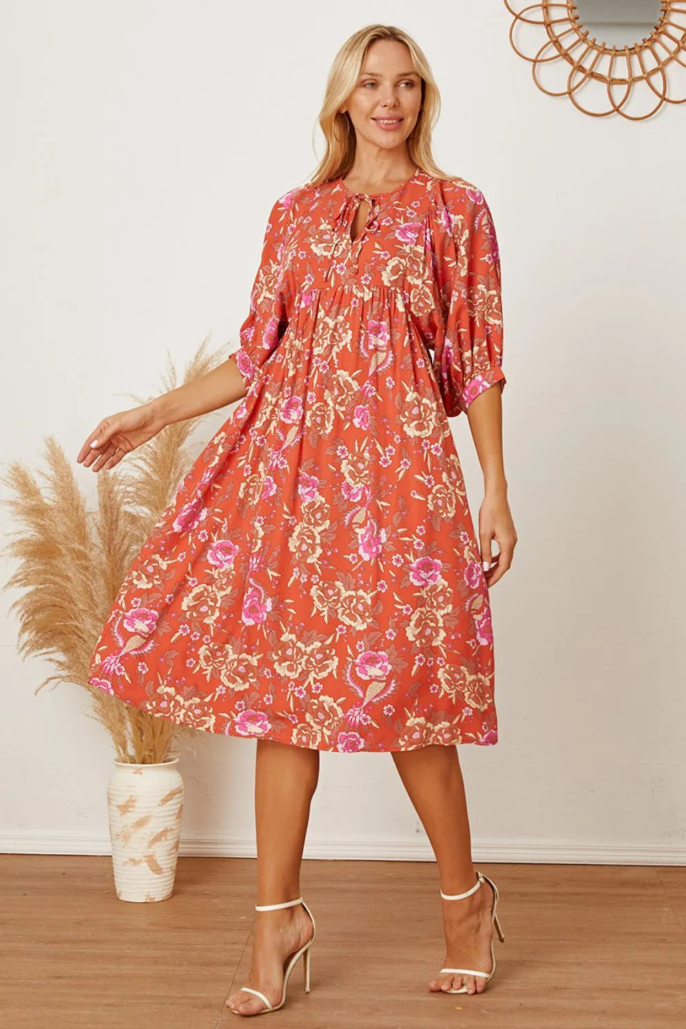 Floral Tie Neck Half Sleeve Dress - Blushé Belle