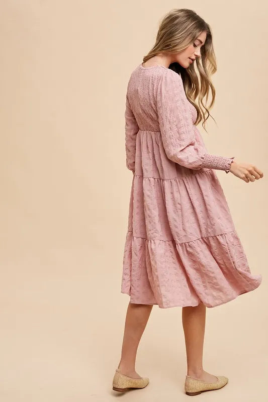 Annie Wear Textured Smocking Bodice Tiered Midi Dress - Blushé Belle