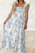 Floral Smocked High Waist Double Ruffle Sleeveless Long Dress - Blushé Belle