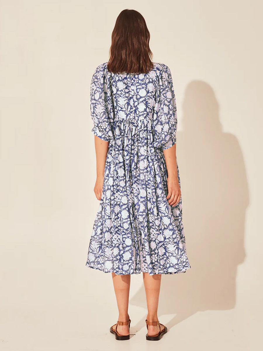 Floral Tie Neck Lantern Sleeve Dress - Blushé Belle