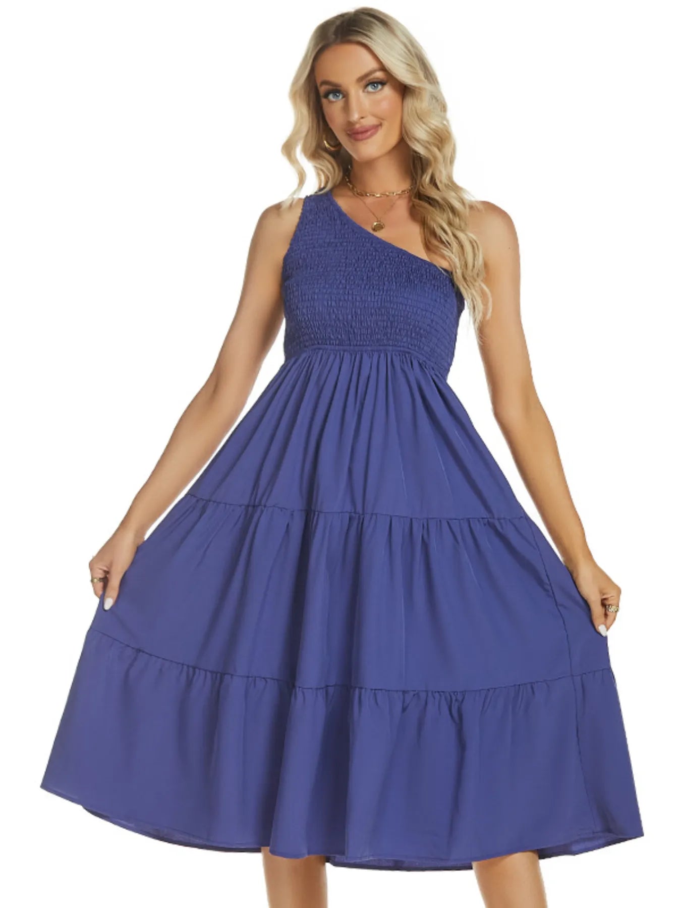 One-Shoulder Tiered Midi Dress with Smocked Bodice - Blushé Belle