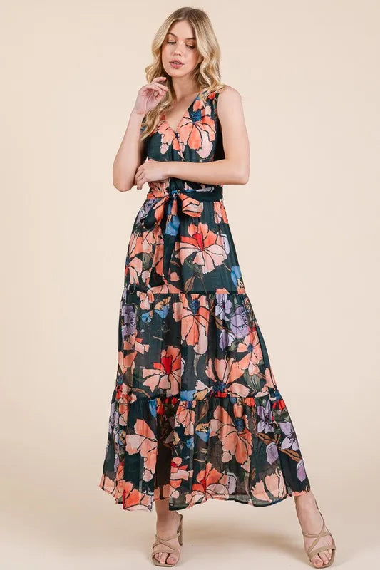 Lime 'N' Chili Floral Print Sleeveless Tie Waist Maxi Dress - Blushé Belle