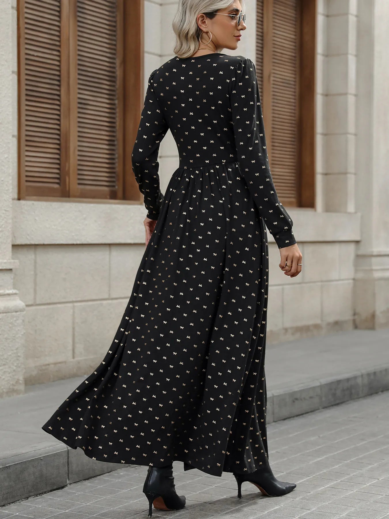 Bow Long Sleeve V-Neck Maxi Dress - Blushé Belle