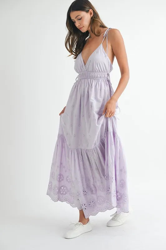MABLE Eyelet Lace Maxi Dress With Side Strap Details - Blushé Belle