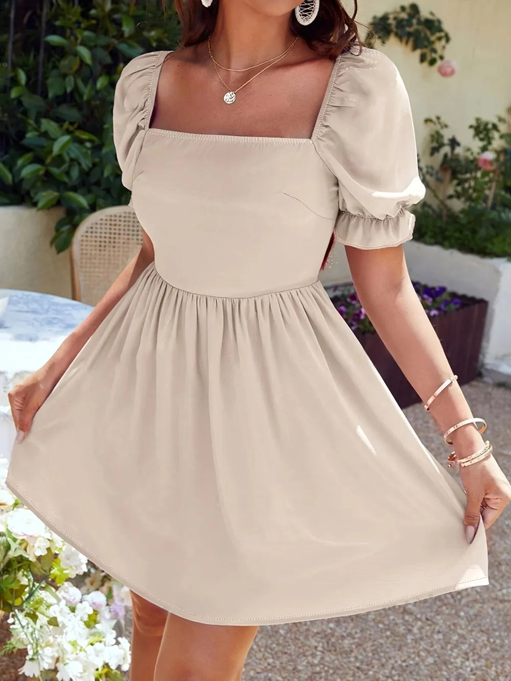 Square Neck Flounce Sleeve Mini Dress - Blushé Belle