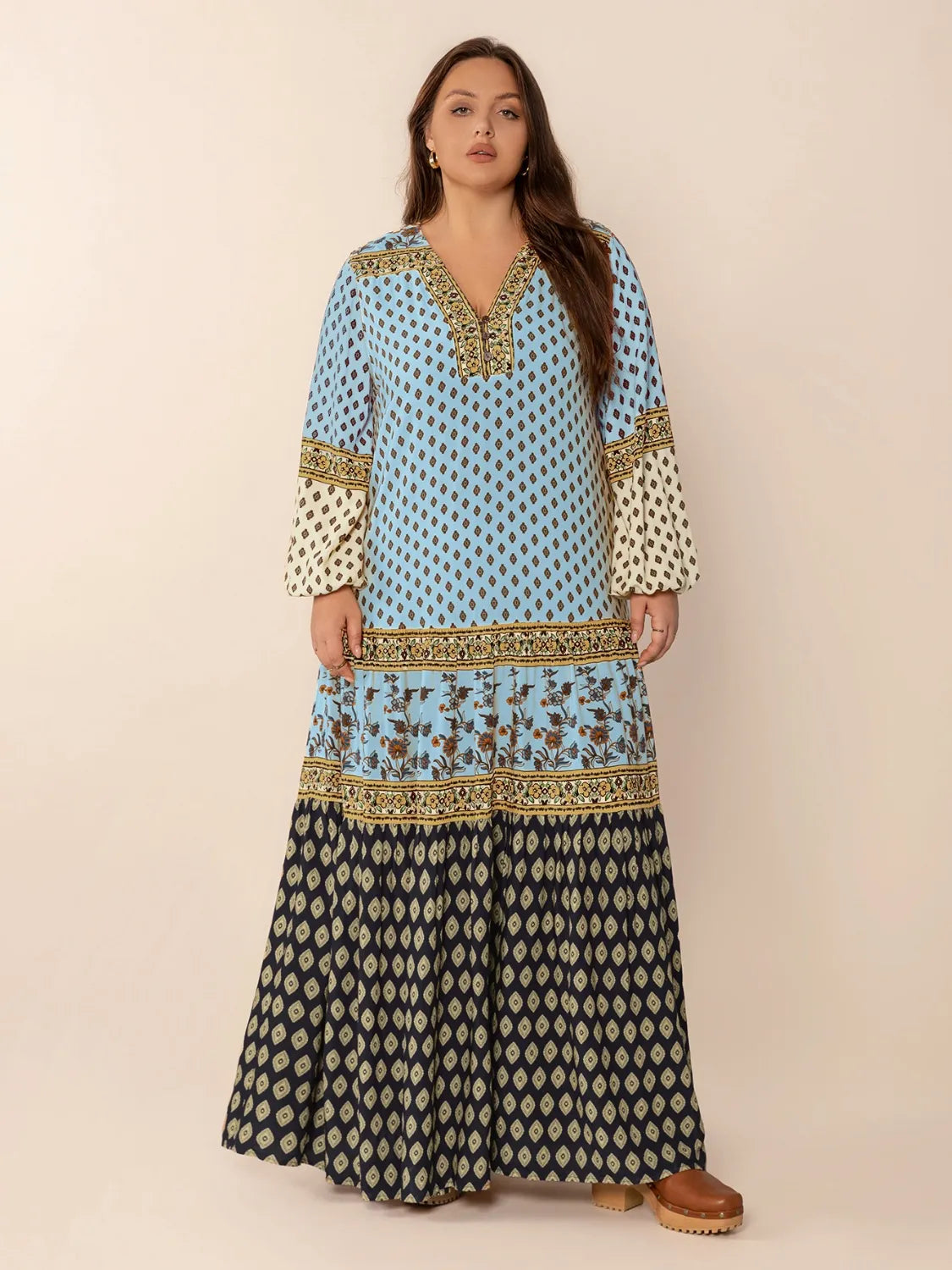 Plus Size Printed V-Neck Balloon Sleeve Maxi Dress - Blushé Belle