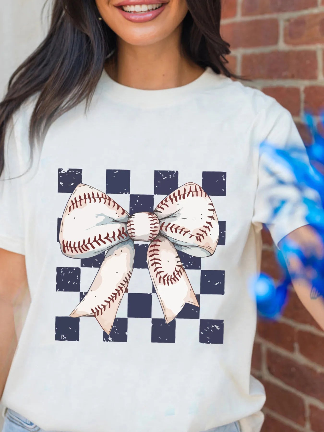 Checkered Bowknot Graphic Crew Neck T Shirt - Blushé Belle
