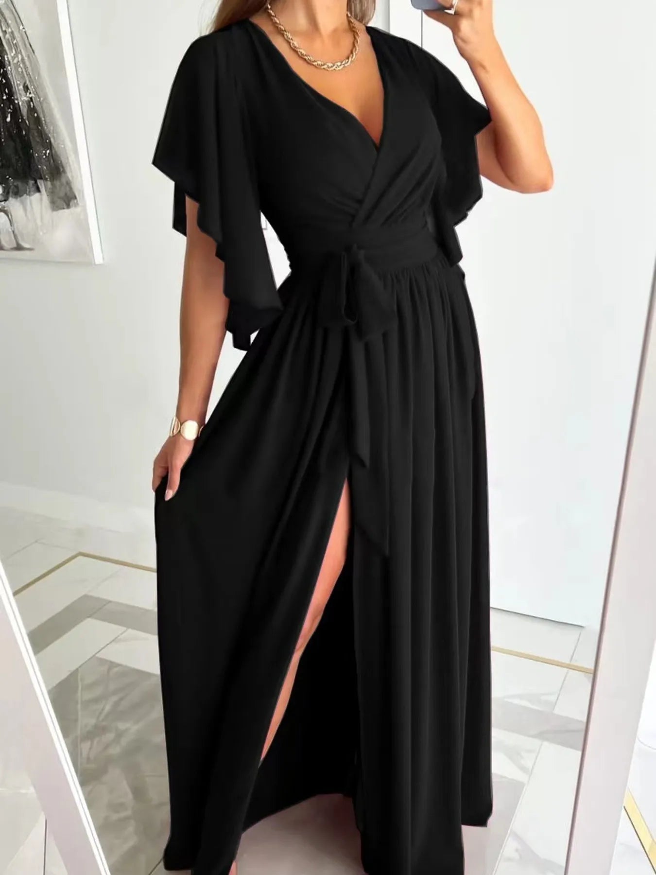Flutter Sleeve Surplice Tie Waist Dress - Blushé Belle
