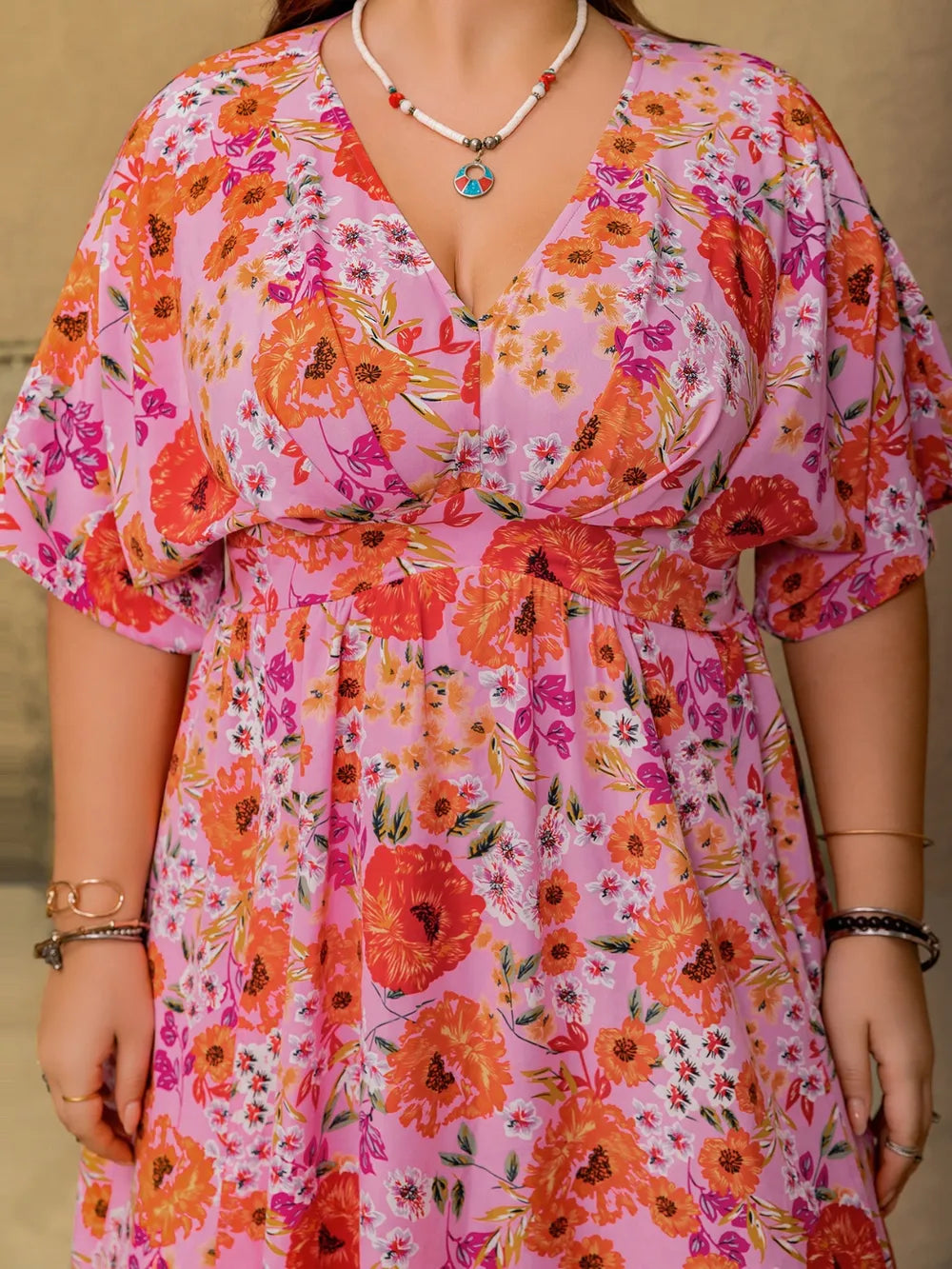 Plus Size Slit Floral V-Neck Half Sleeve Maxi Dress - Blushé Belle