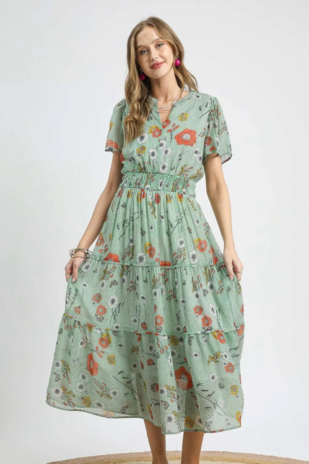 Umgee Smocked Waist Floral Short Sleeve Midi Dress - Blushé Belle