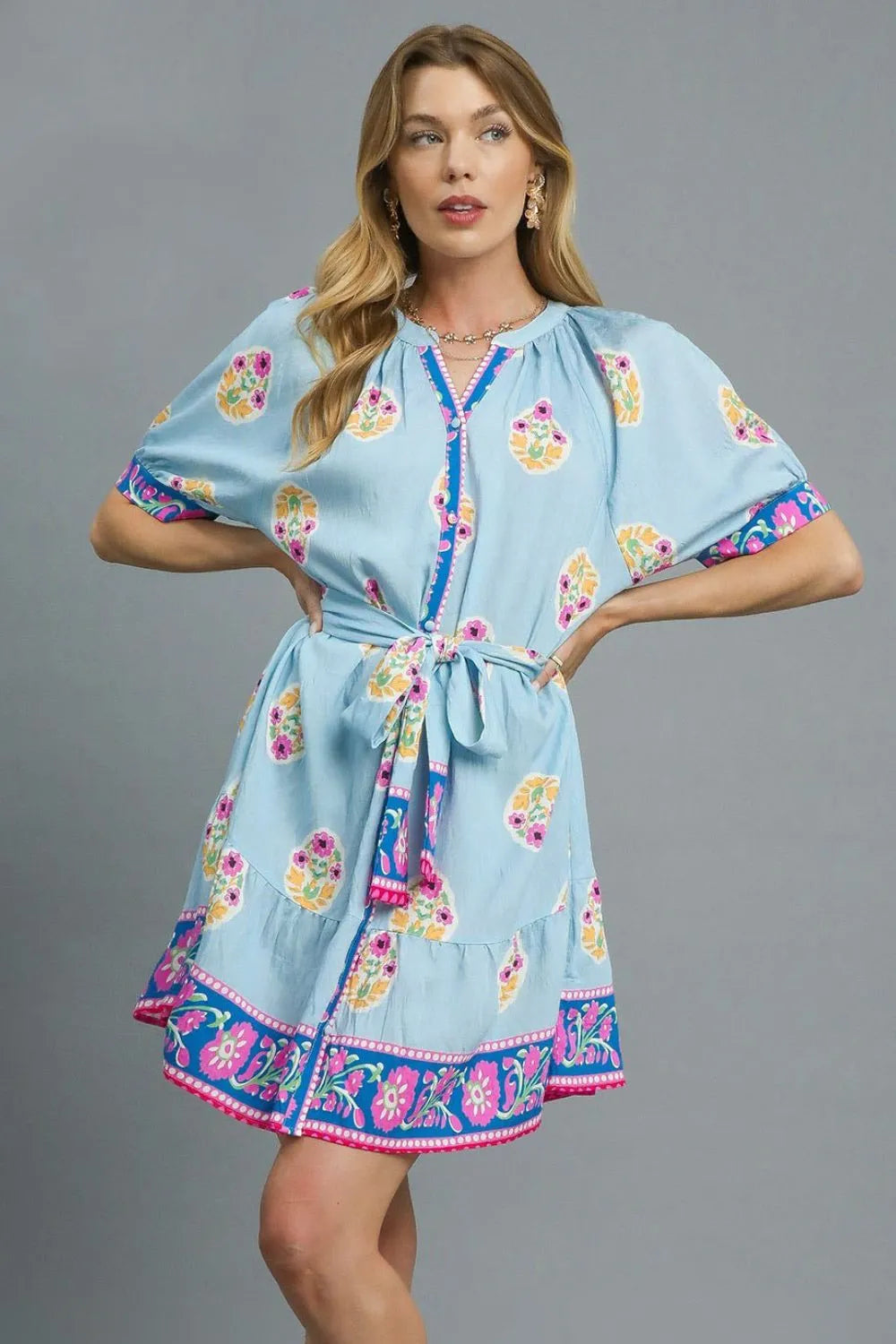 Umgee Floral Print Tie Waist Short Sleeve Dress - Blushé Belle