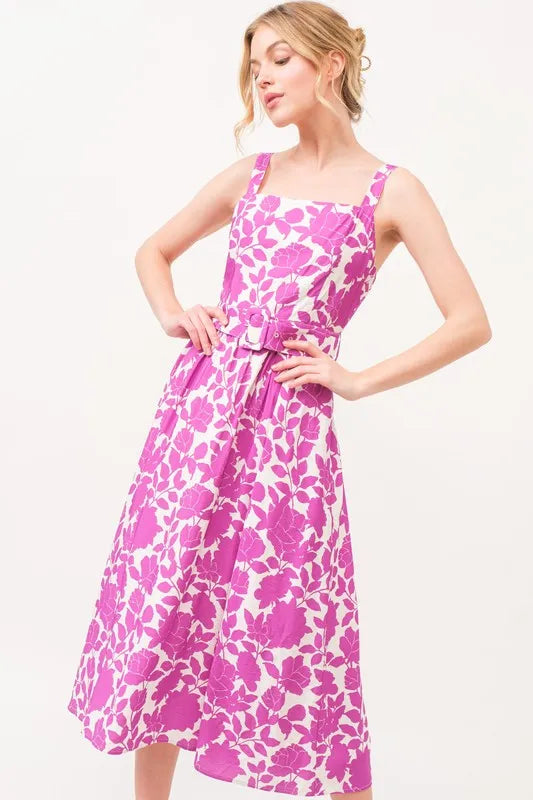 And The Why Square Neck Belted Floral Printed Midi Dress - Blushé Belle