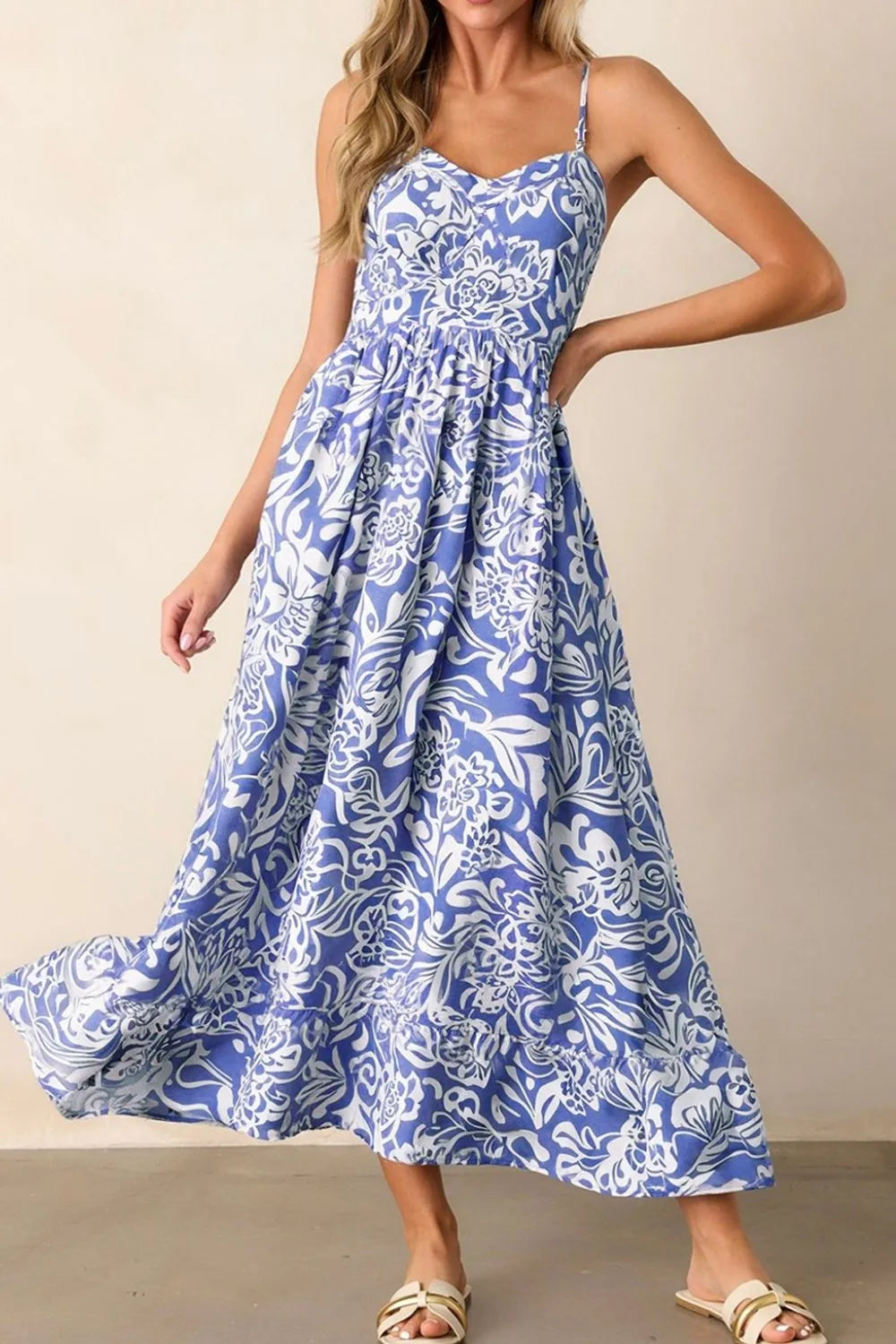 Floral Print Spaghetti Strap High Waist Dress - Blushé Belle
