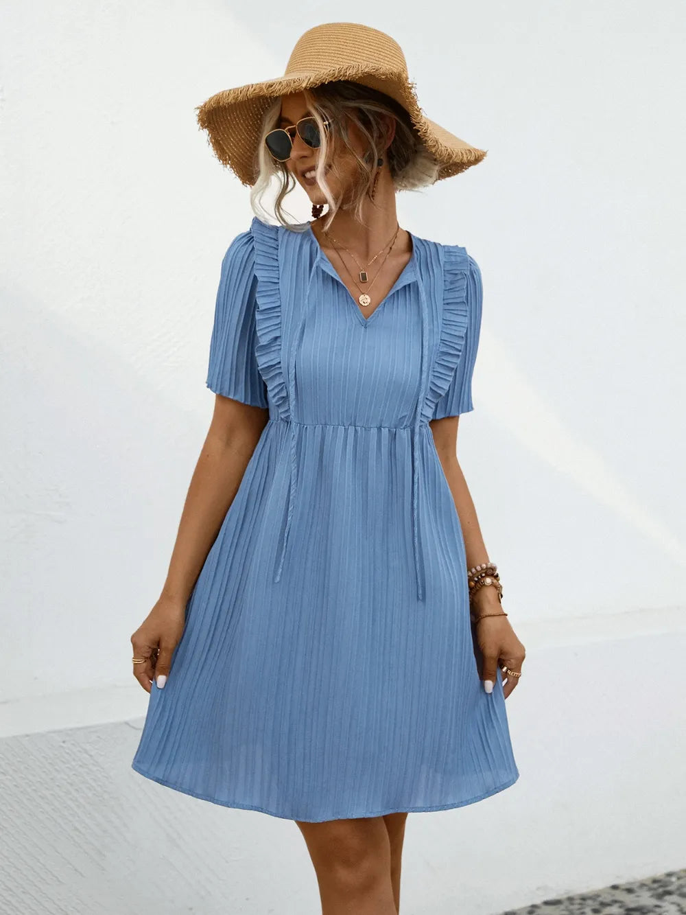 Tie Neck Short Sleeve Mini Dress - Blushé Belle