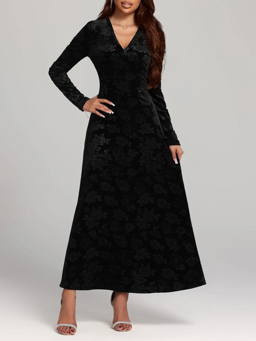 Rose Print V-Neck Long Sleeve Dress - Blushé Belle