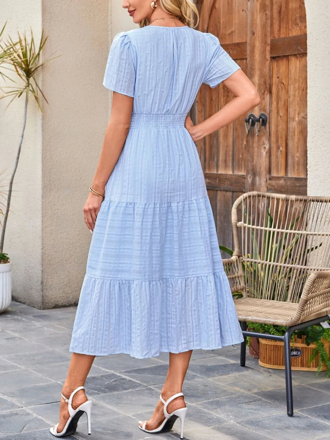 Tiered Notched Short Sleeve Dress - Blushé Belle