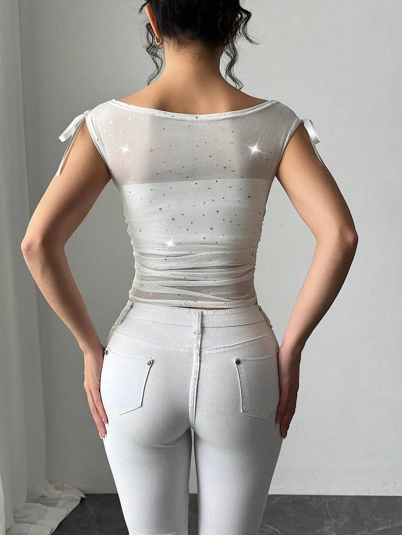 Glitter Stars Sheer Mesh Ruched Crop Top - Blushé Belle