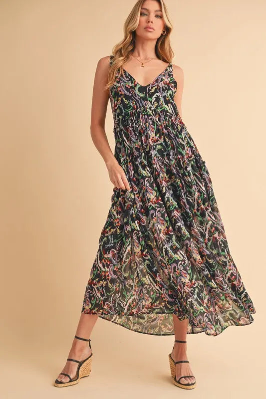Aemi + Co Printed V-Neck Frill Tiered Cami Dress - Blushé Belle