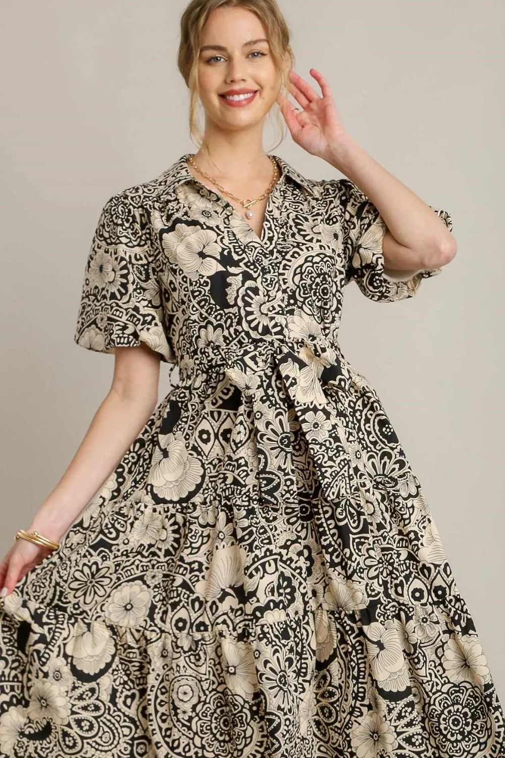 Umgee Full Size Mixed Print A-Line Tiered Midi Dress Plus Size - Blushé Belle