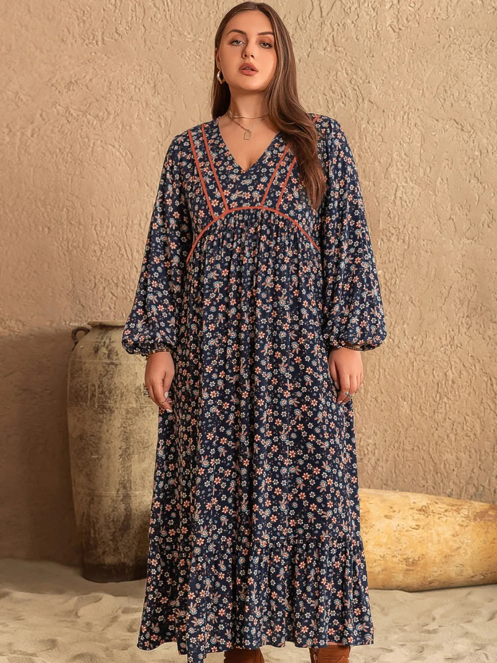 Plus Size Printed V-Neck Balloon Sleeve Dress - Blushé Belle