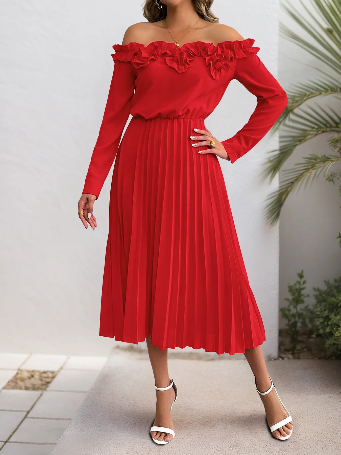 Off-Shoulder Ruffle Pleated Midi Dress - Blushé Belle