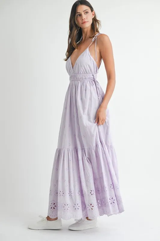 MABLE Eyelet Lace Maxi Dress With Side Strap Details - Blushé Belle