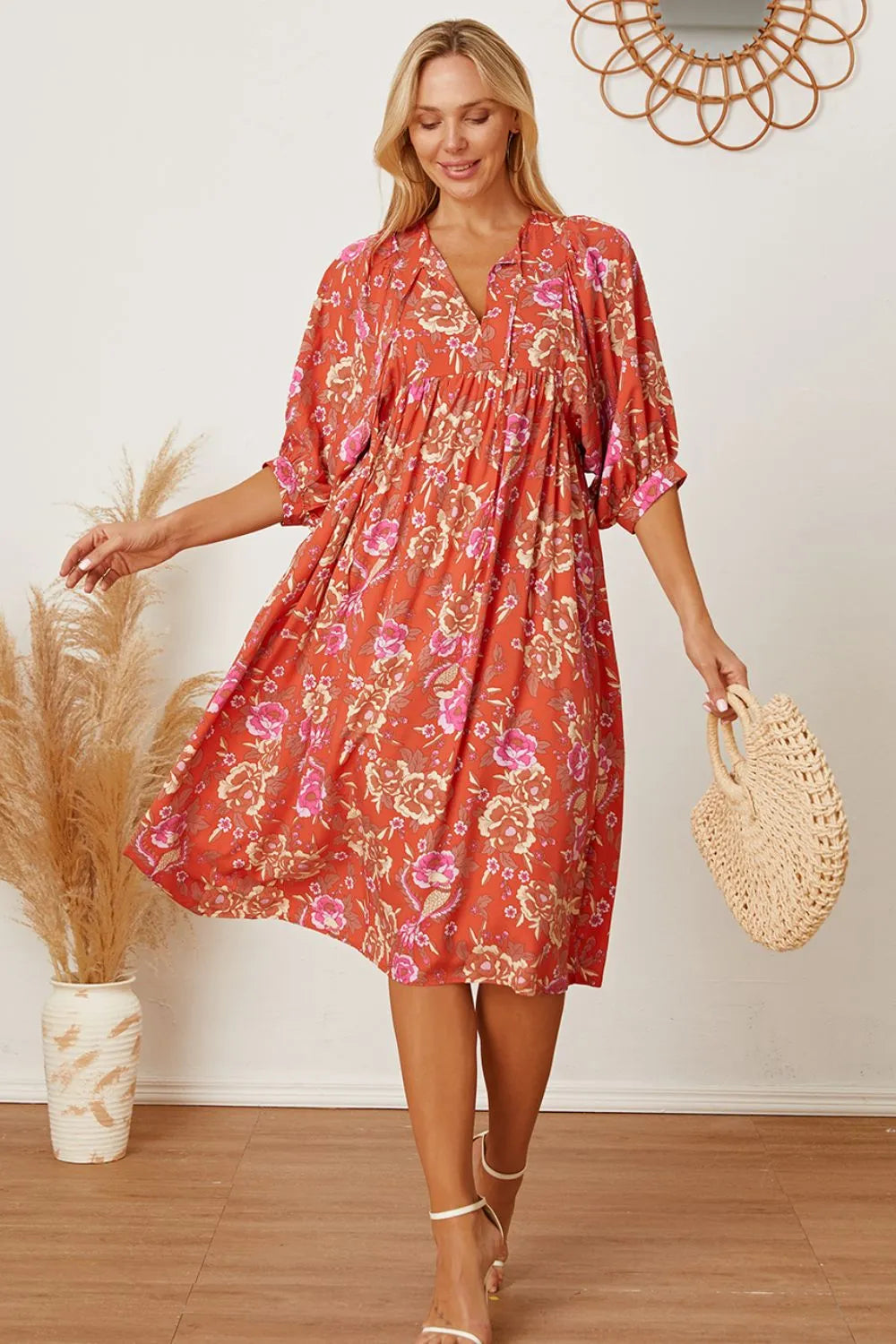 Floral Tie Neck Half Sleeve Dress - Blushé Belle