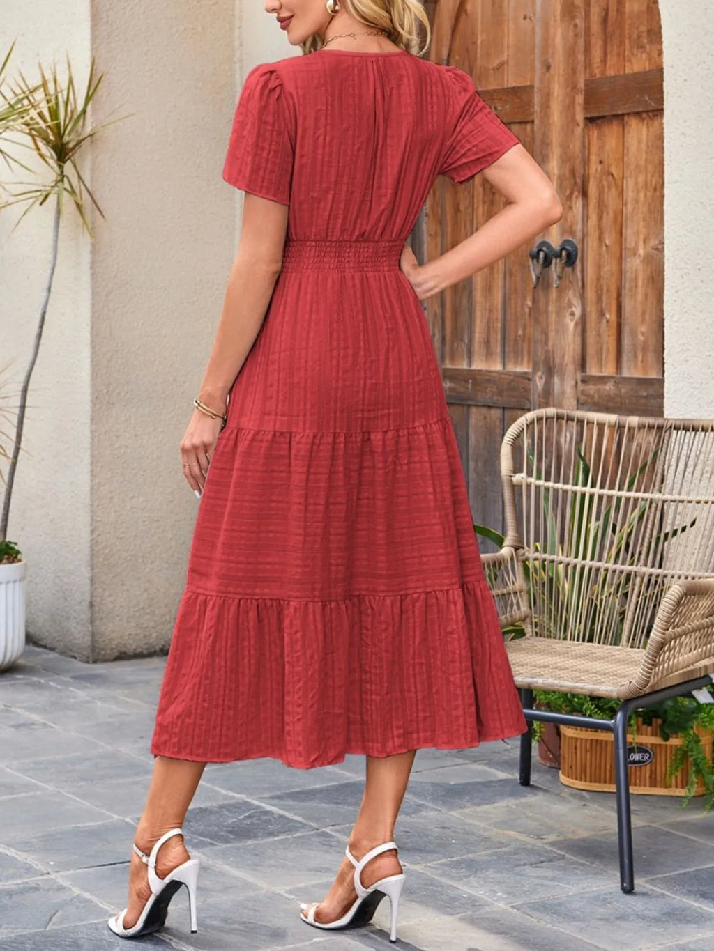 Tiered Notched Short Sleeve Dress - Blushé Belle