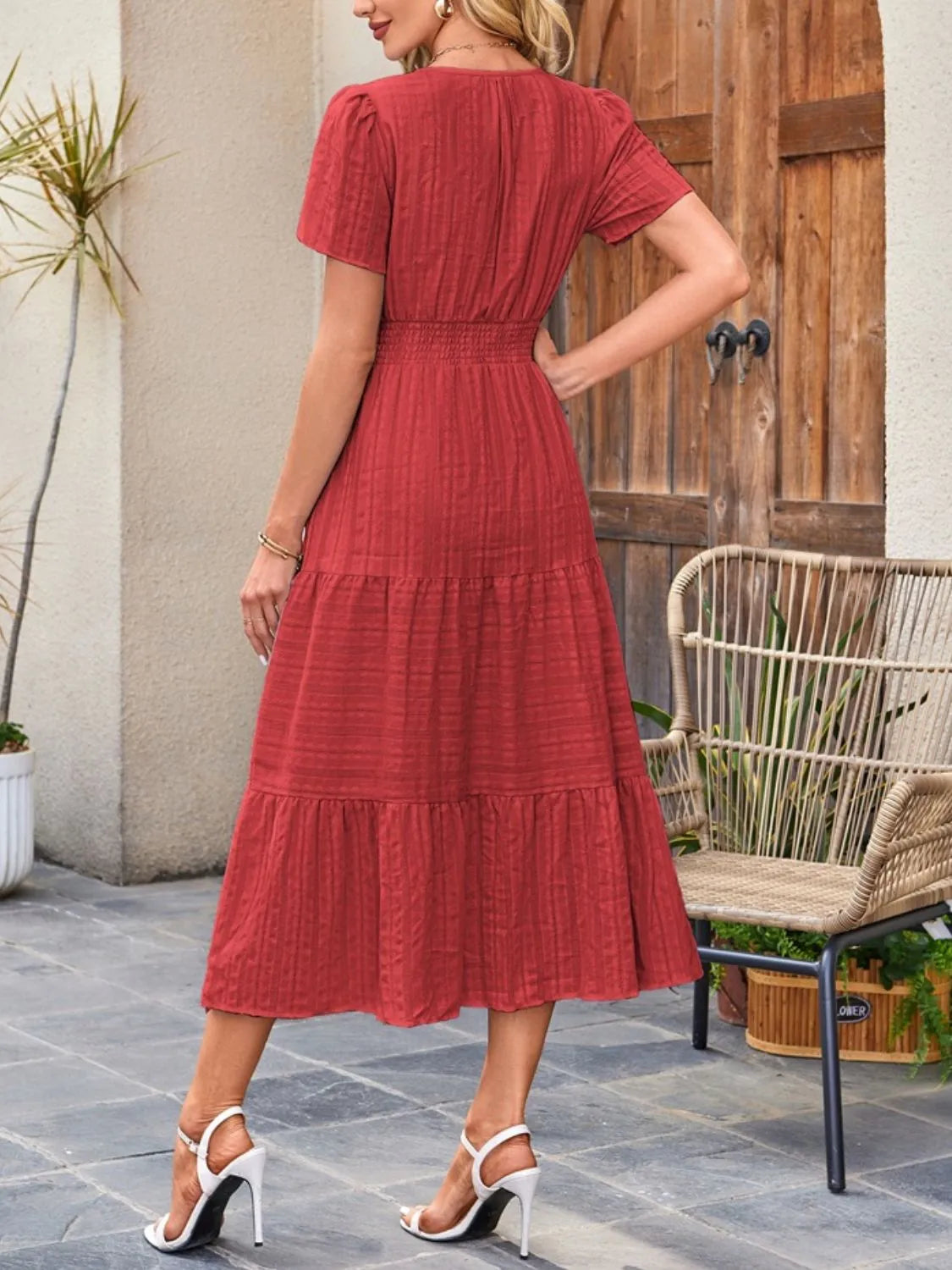 Tiered Notched Short Sleeve Dress - Blushé Belle