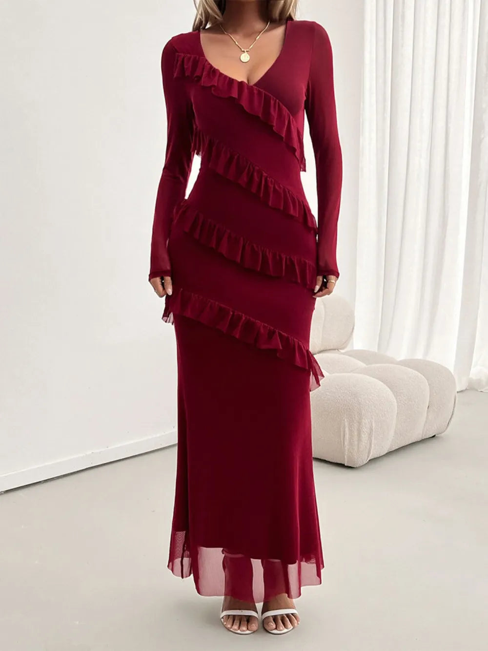 Devine Ruffled Surplice Long Sleeve Maxi Dress - Blushé Belle