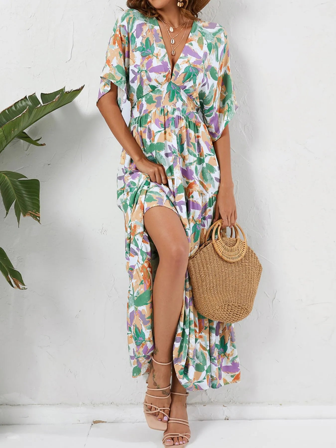 Floral Print V-neck Boho Midi Dress - Blushé Belle