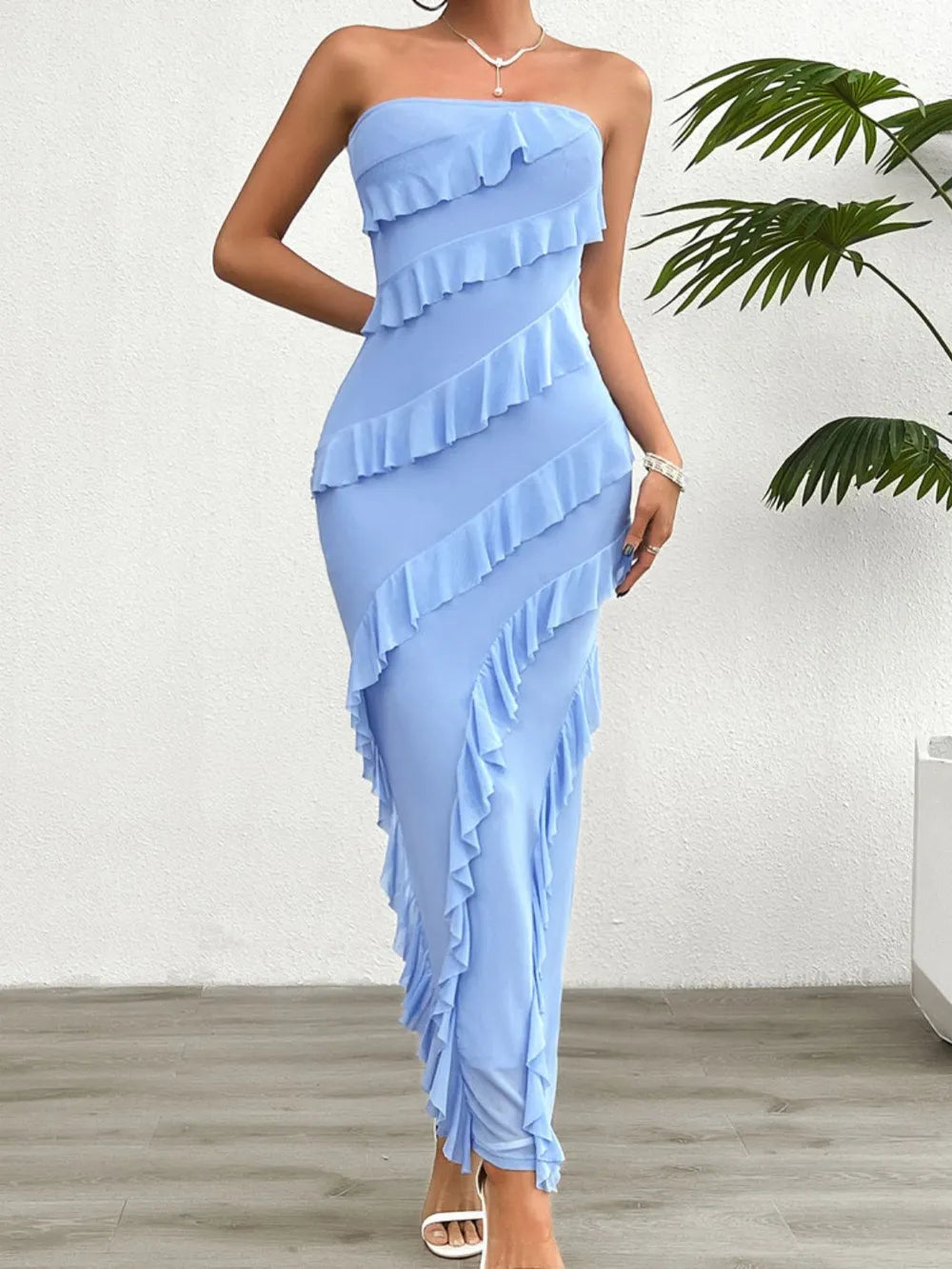 Devine Ruffled Slit Back Tube Maxi Dress - Blushé Belle