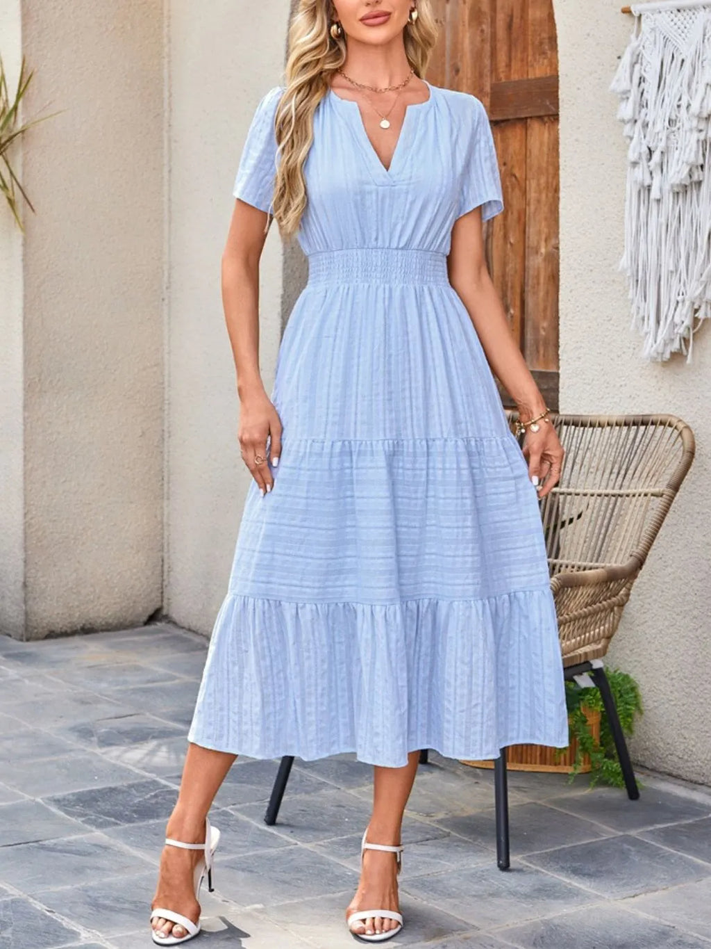 Tiered Notched Short Sleeve Dress - Blushé Belle