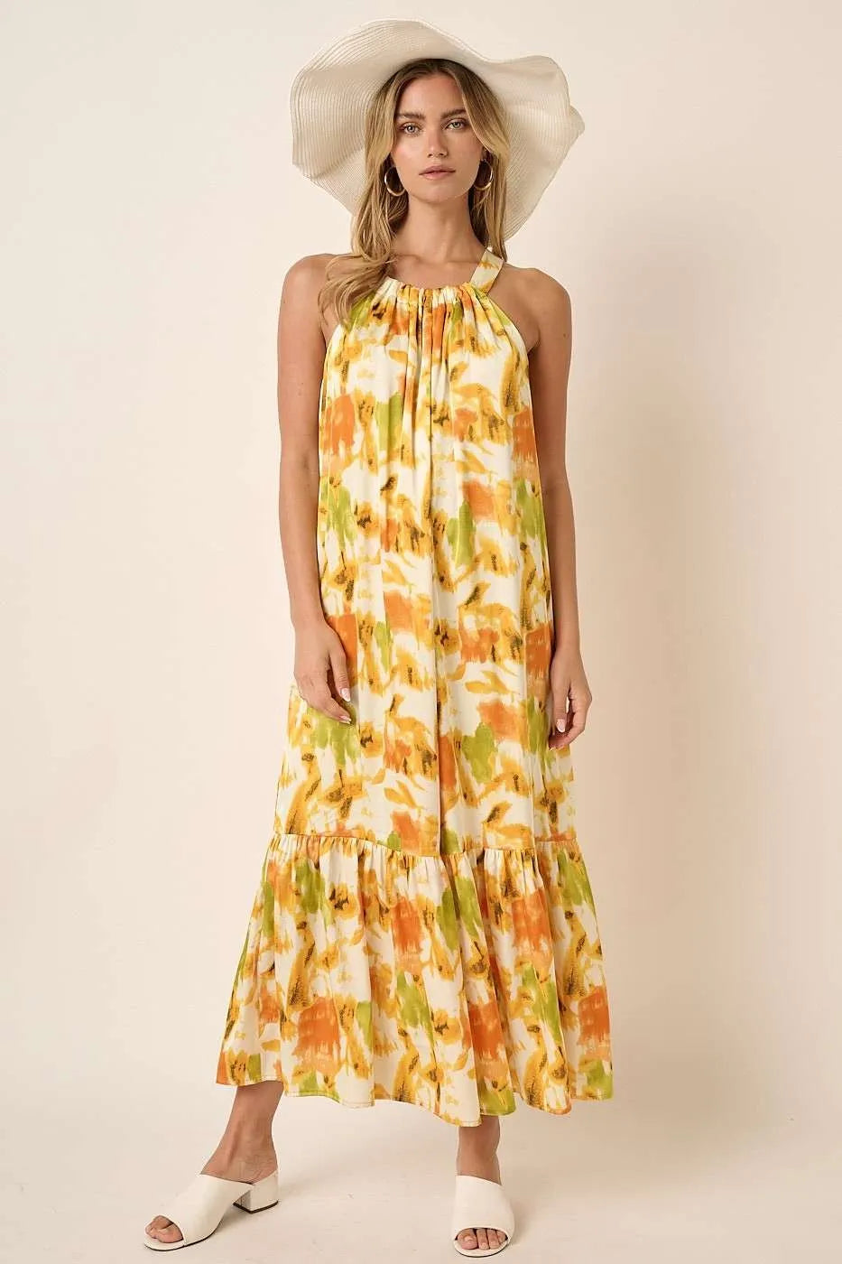 Mittoshop Watercolor Print Halter Neck Satin Maxi Dress - Blushé Belle