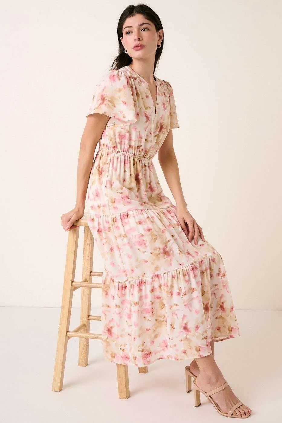 Mittoshop Flower Print Flutter Sleeve V Slit Maxi Dress - Blushé Belle
