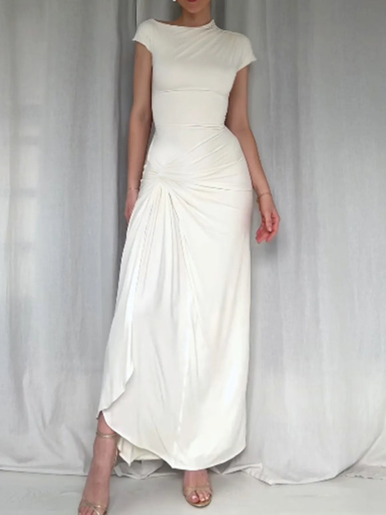 Ruched Slit Cap Sleeve Maxi Dress - Blushé Belle