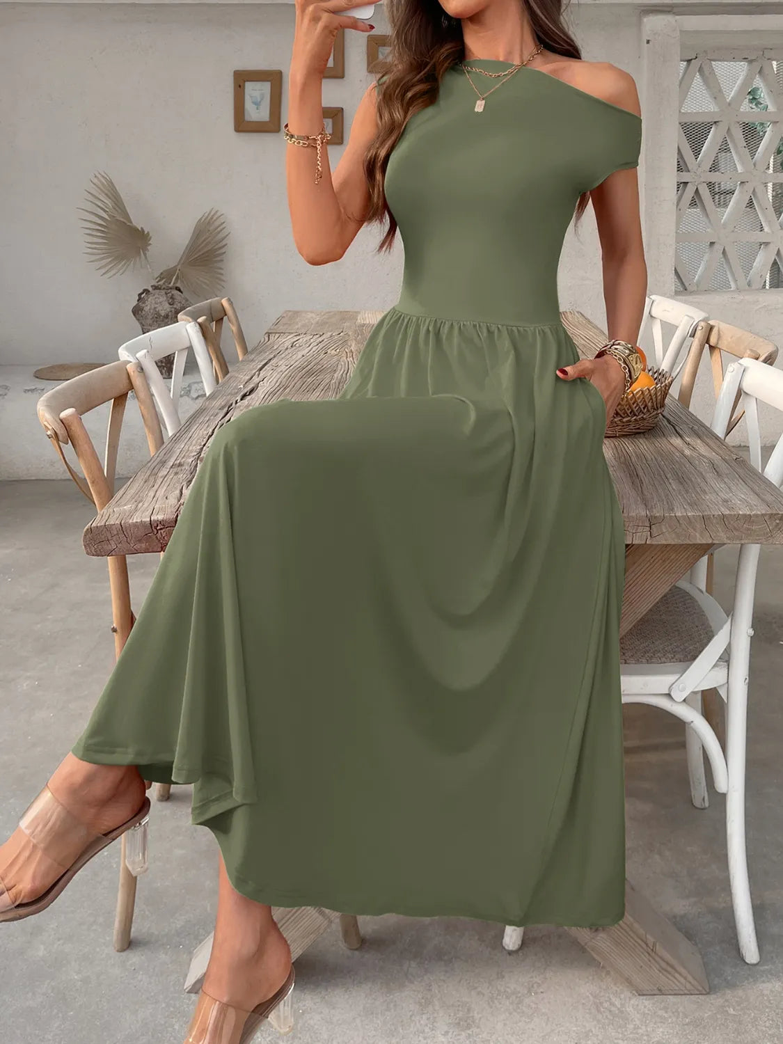Single Shoulder Midi Dress with Pockets - Blushé Belle