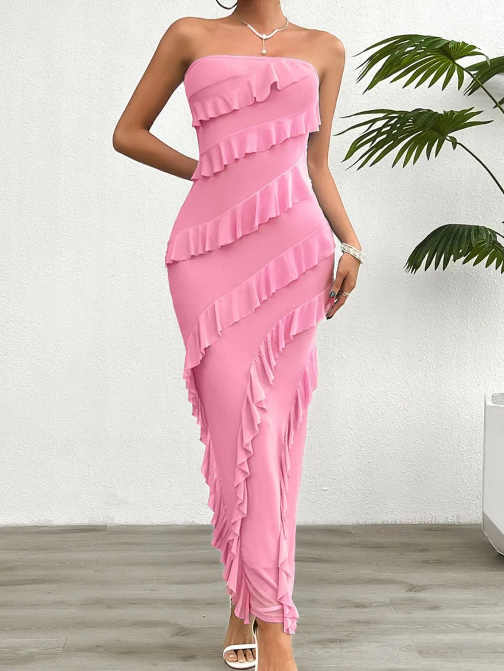 Devine Ruffled Slit Back Tube Maxi Dress - Blushé Belle
