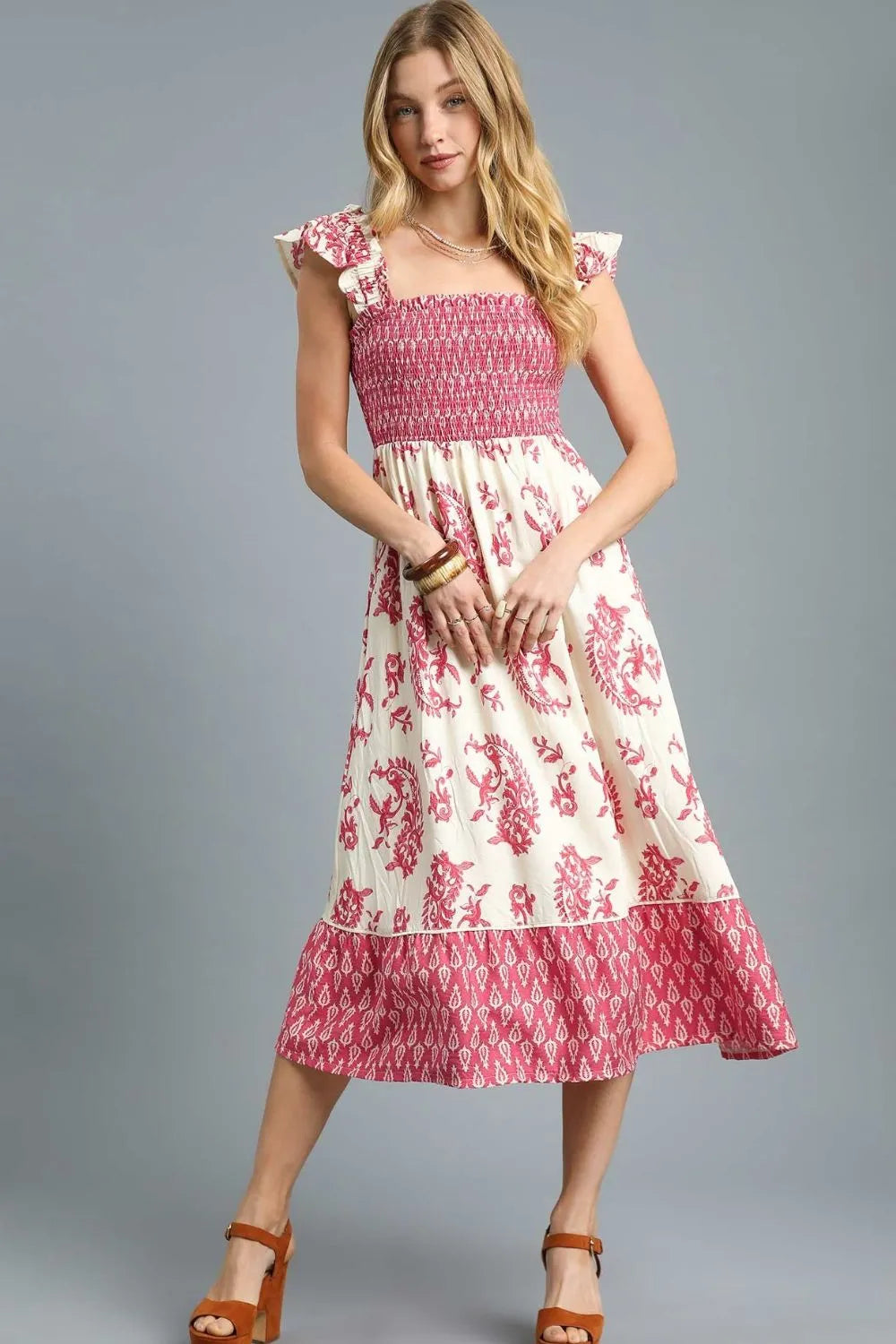 Umgee Printed Smocked Midi Dress with Ruffle Details - Blushé Belle