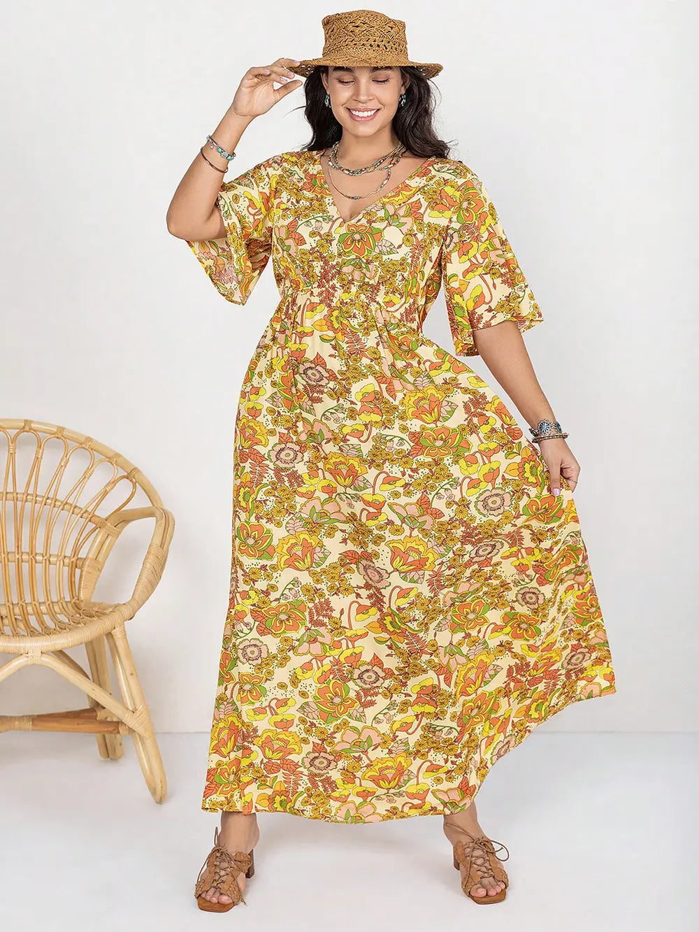 Floral V-Neck Short Sleeve Slit Dress - Blushé Belle