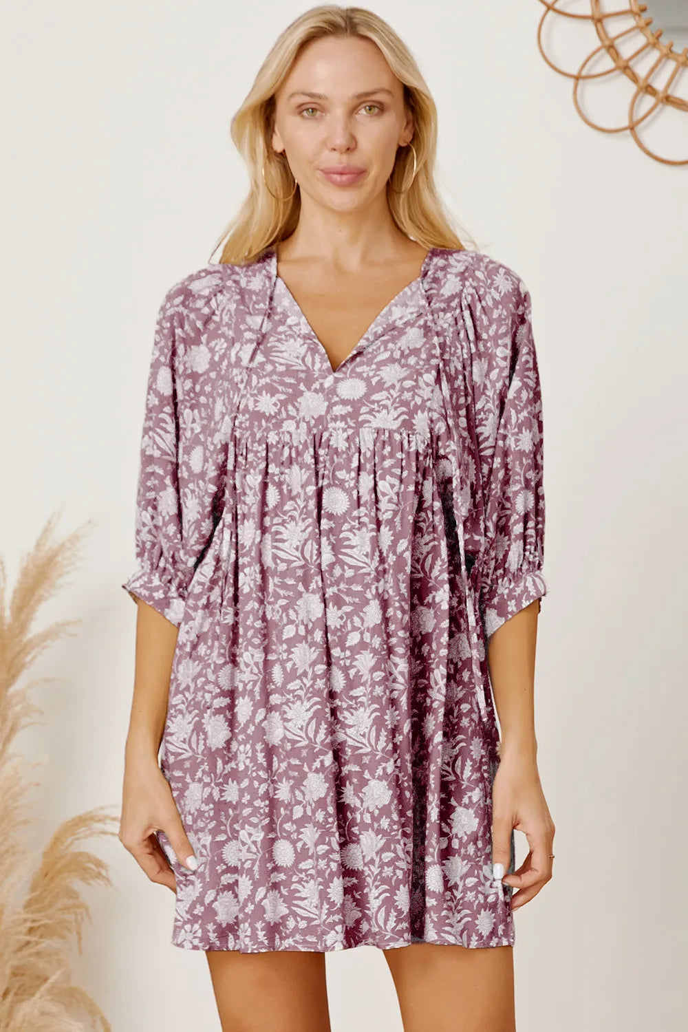 Floral Tie Neck Ruched Babydoll Dress - Blushé Belle