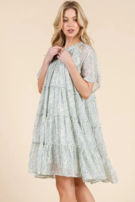 Lime 'N' Chili Ditsy Floral Print Sheer Ruffle Detail Mini Dress - Blushé Belle