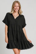 Umgee Full Size Raw Hem Folded Sleeve Tiered Dress Plus Size - Blushé Belle