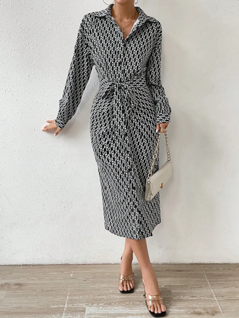 Printed Tie Waist Long Sleeve Midi Shirt Dress - Blushé Belle