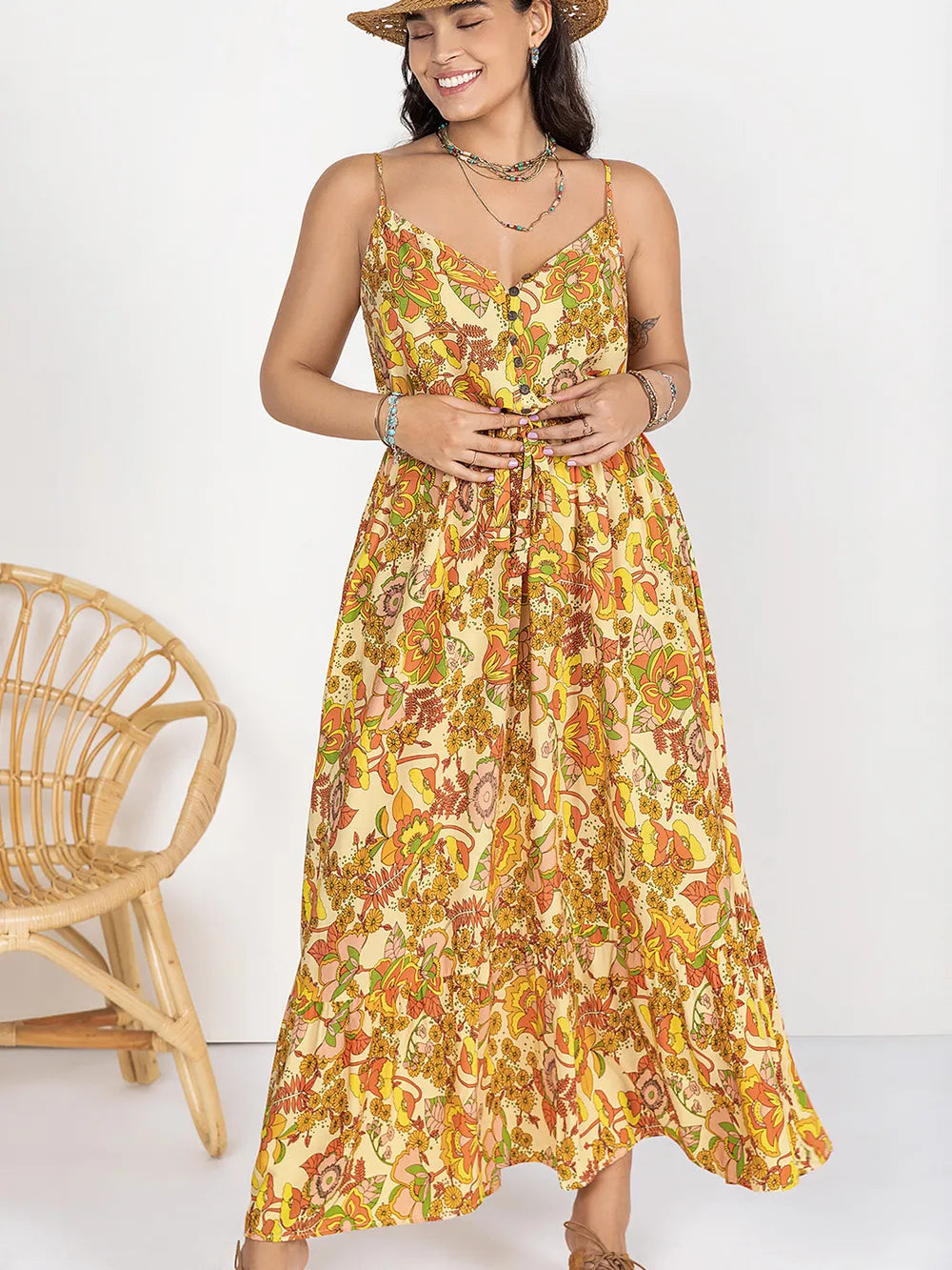 Plus Size Printed V-Neck Maxi Cami Dress - Blushé Belle