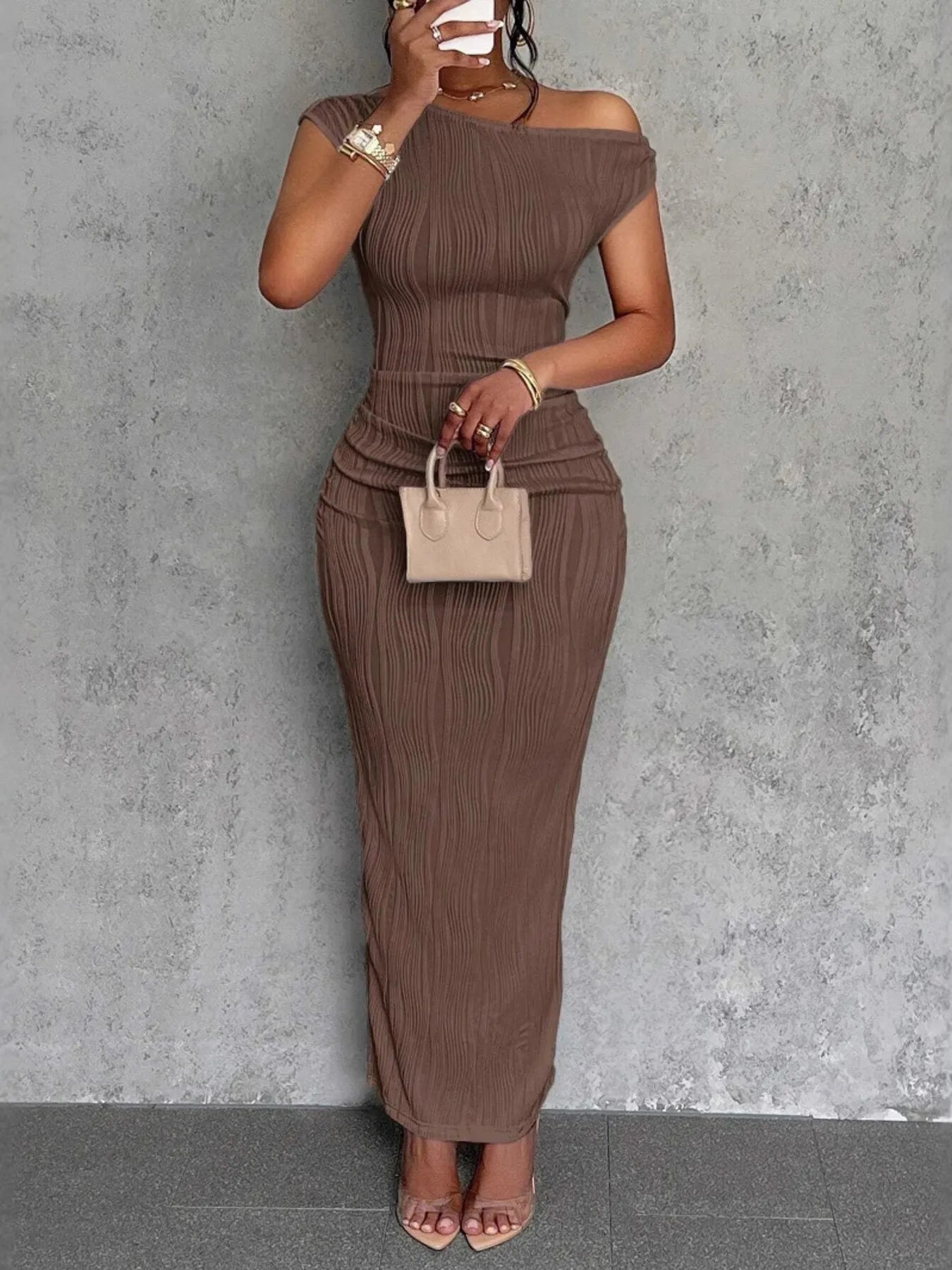Textured Single Shoulder Bodycon Maxi Dress - Blushé Belle