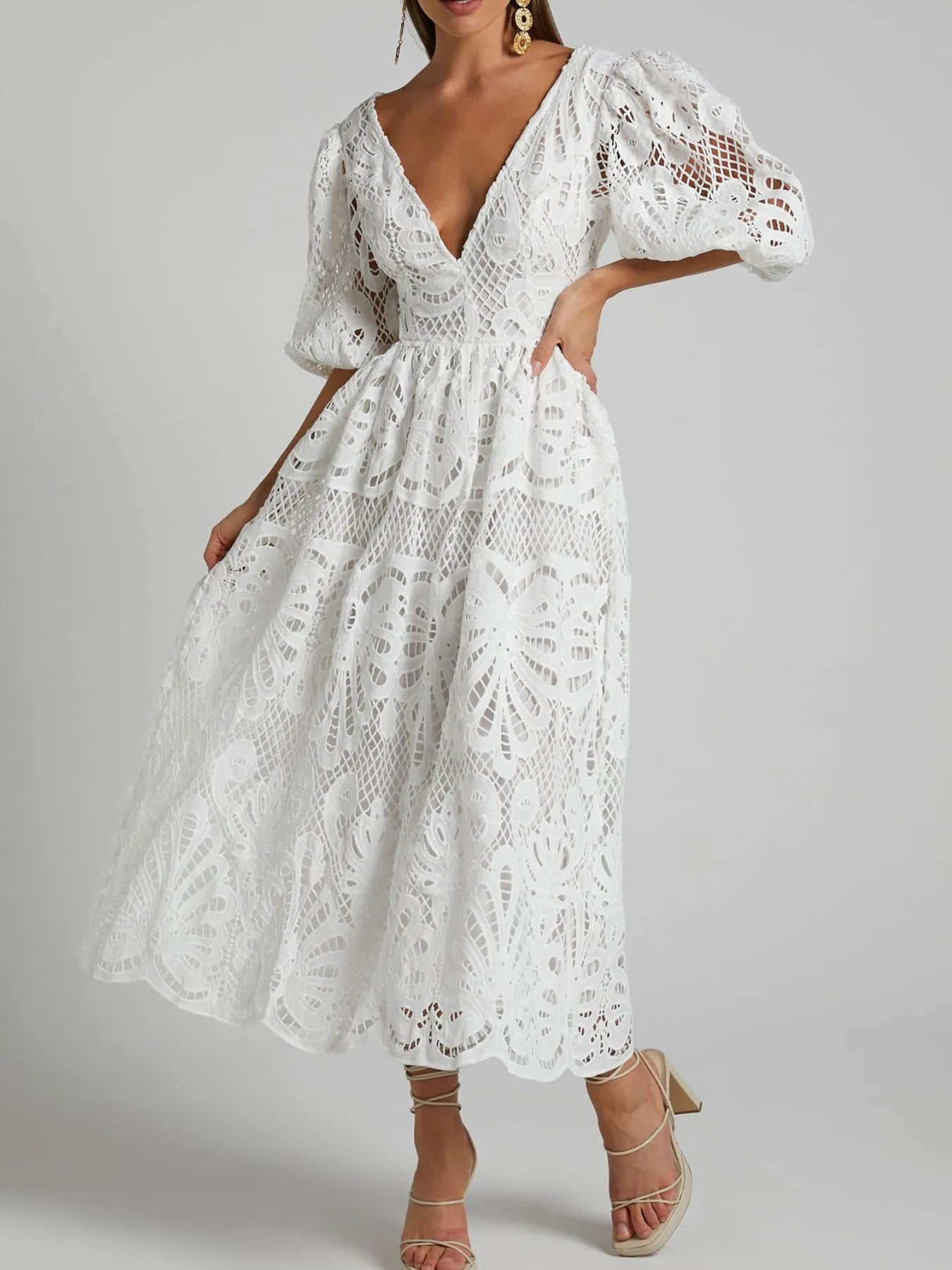 Cutout Back Lace Crochet V-Neck Dress - Blushé Belle