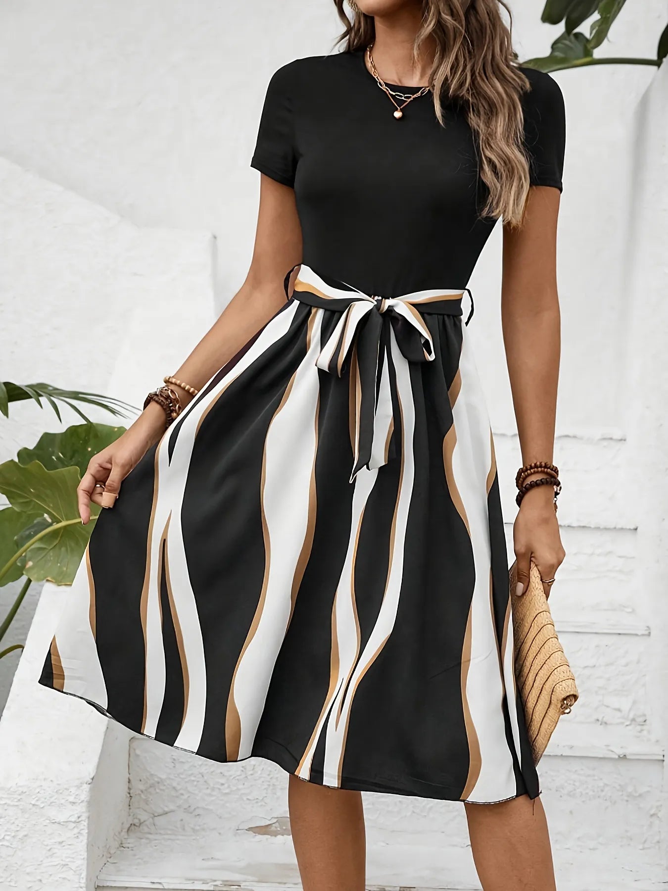 Striped Short Sleeve Tie Waist Dress - Blushé Belle