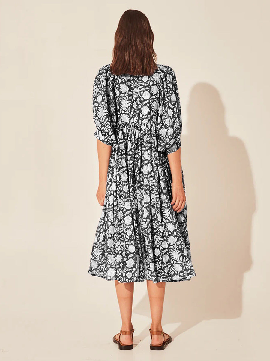 Floral Tie Neck Lantern Sleeve Dress - Blushé Belle
