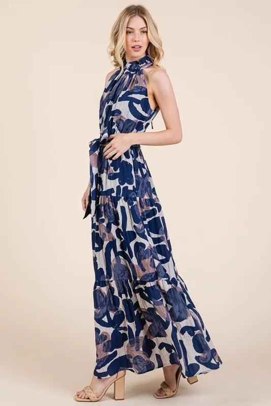 Lime 'N' Chili Abstract Halter Neck Tie-Waist Tiered Maxi Dress - Blushé Belle